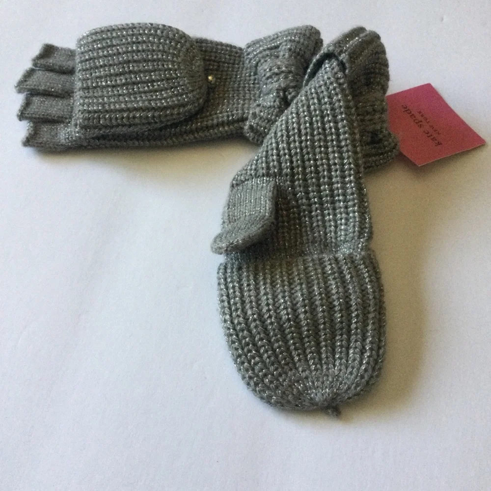 KATE SPADE METALLIC BOW POP TOP CONVERTIBLE MITTENS FINGERLESS GLOVES GRAY NWT
